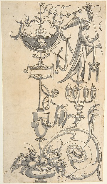 Anonymous, Italian, 16th century, Candelabra Grotesque with a Vase with Fruit and an Amazon Shield