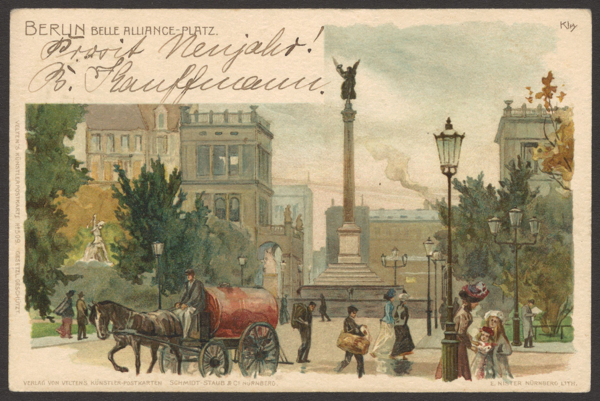 E. Nister, Ansichtskarte Friedenssäule, Belle Alliance Platz, koloriert