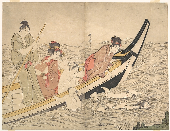 Kitagawa Utamaro, Boating Party with Children Swimming