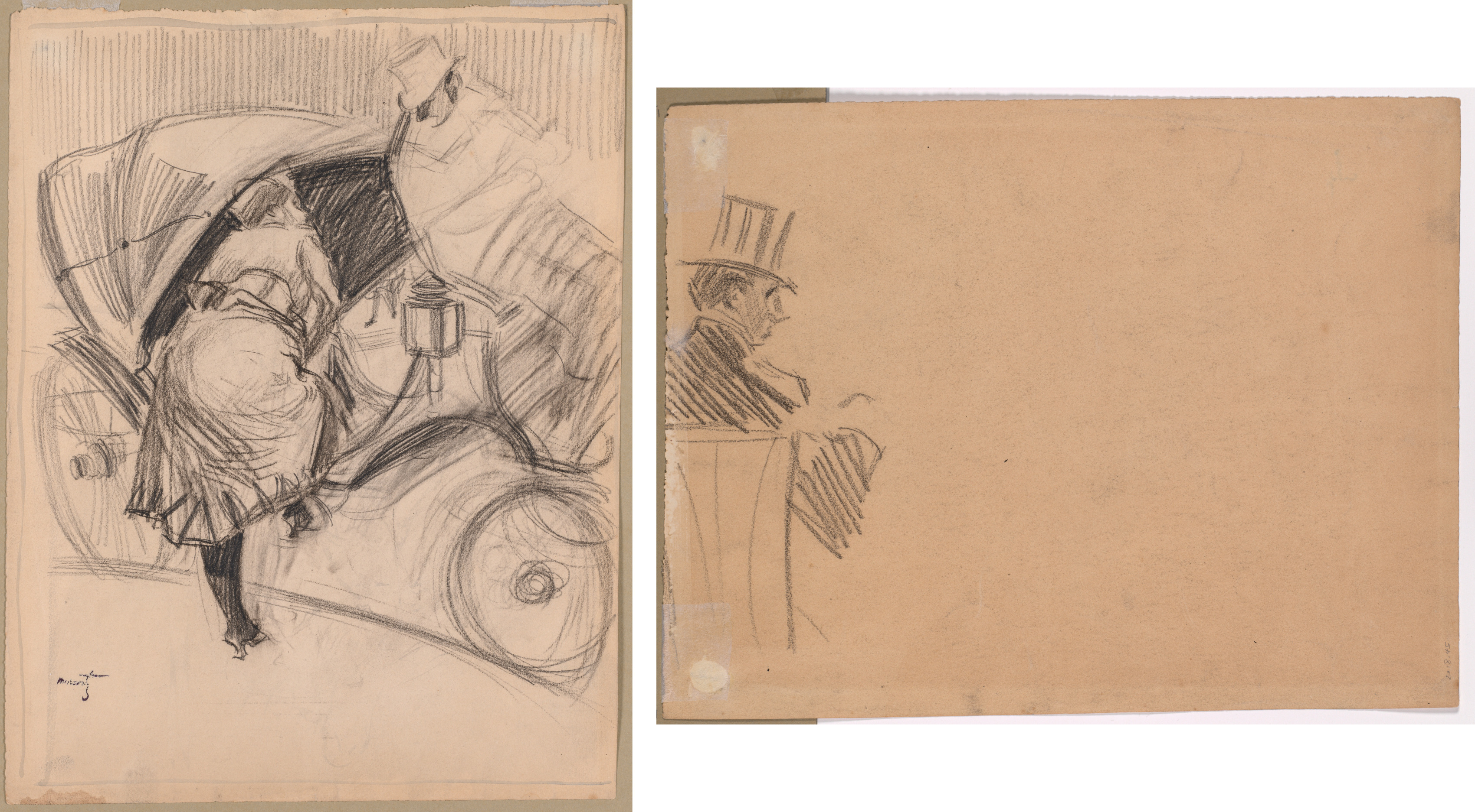 Jean Louis Forain, Woman Entering a Fiacre (recto); Right Profile of Man Wearing Tall Hat (verso)