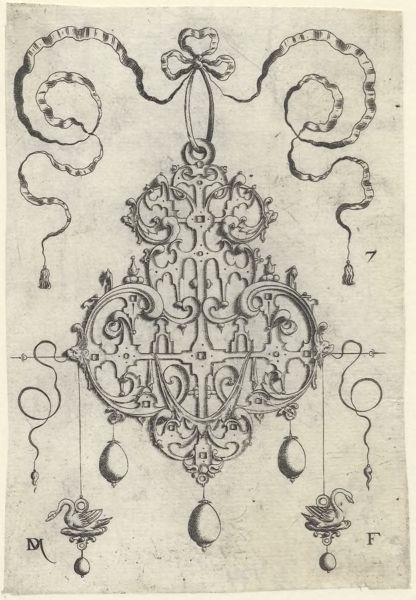 Mignot, Daniel, (active 1593-1596), (printmaker), Strapwork pendants: Strapwork pendant, lower left and right, as earrings, two swans
