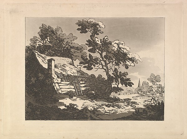 Thomas Rowlandson, Landscape with Cottage Among Trees at Left, and a Distant Church Spire at Right