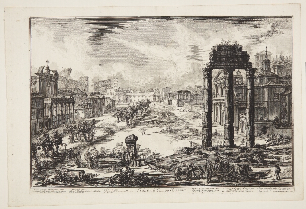 Giovanni Battista Piranesi, Forum Romanum, eller Campo Vaccino, Antoninus' og Faustina's tempel til venstre, templet for Castor og Pollux til højre og Colosseum i det fjerne
