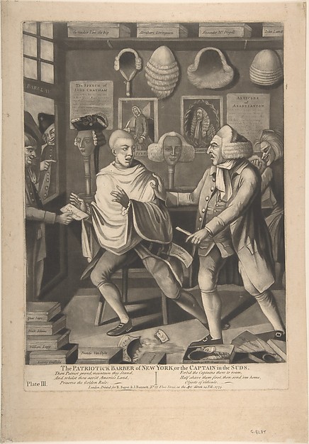 Philip Dawe, The Patriotick Barber of New York, or the Captain in the Suds