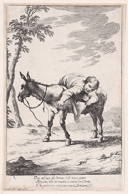 Giuseppe Maria Crespi, Plate 7: Bertoldino lying on a donkey, from "Bertoldo, Bertoldino, and Cacasenno"