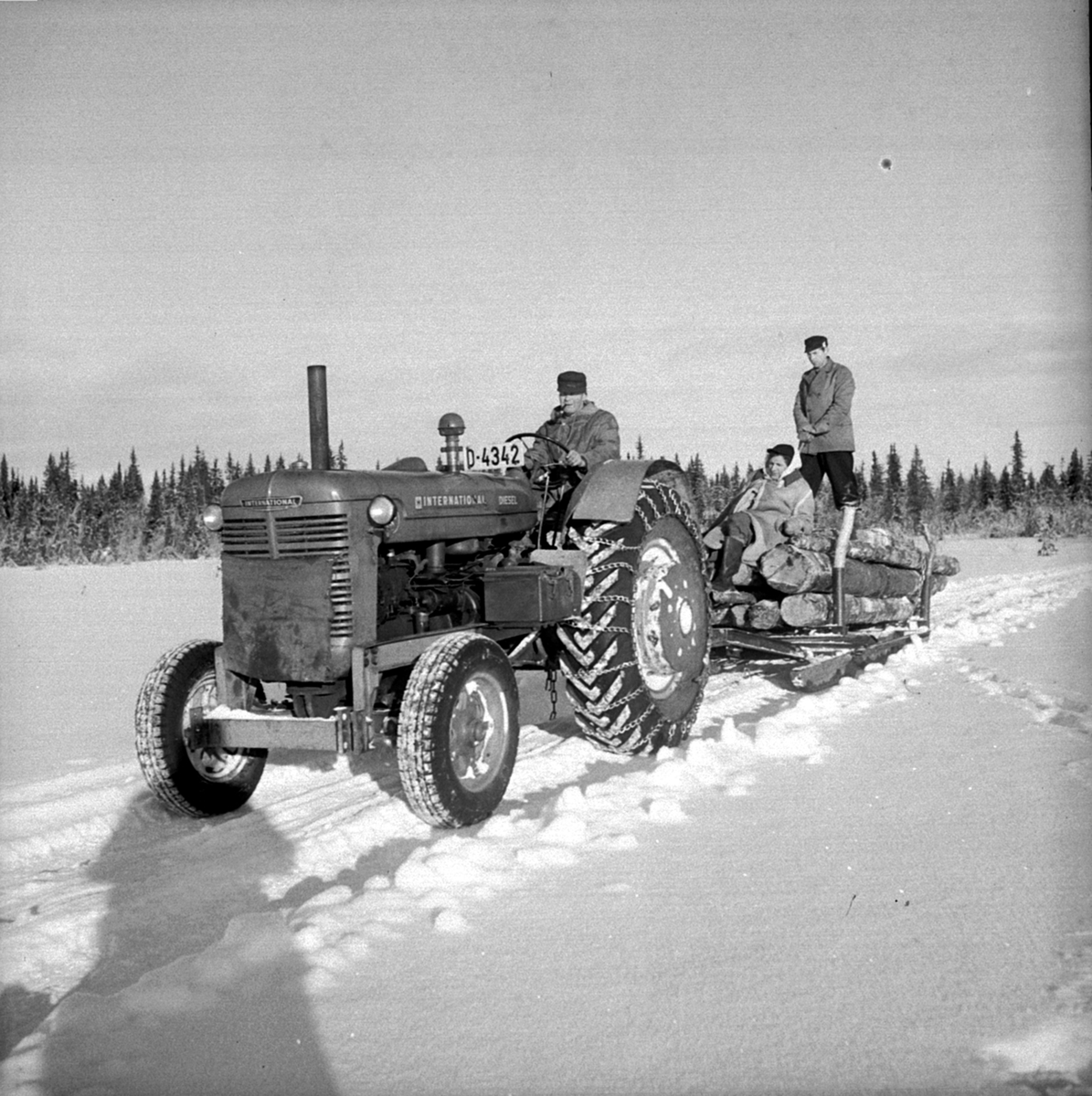 Anno Domkirkeodden, Tømmertransport med International traktor, D-4342. Folk på lasset. Berger Langmoen A/S. Ringsaker.