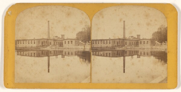 Unknown, [Factory by a lake or river]