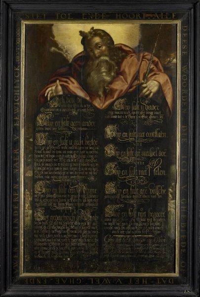 anonymous, Moses showing the Tables of the Law with the Ten Commandments in Calligraphy