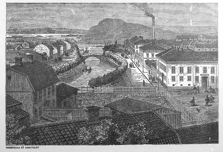 Unknown artist, Accompanying text: “Drawing with motifs from Mount Agne over North and South Harbour Streets. The subject should be able to date to around 1860. Uddevalla post office history since the early 18th century.”