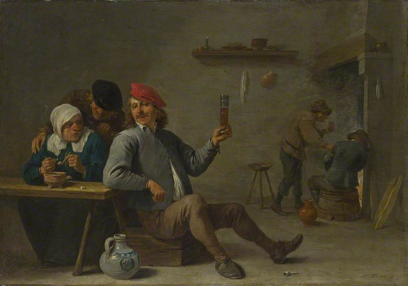 David Teniers the Younger, A Man holding a Glass and an Old Woman lighting a Pipe