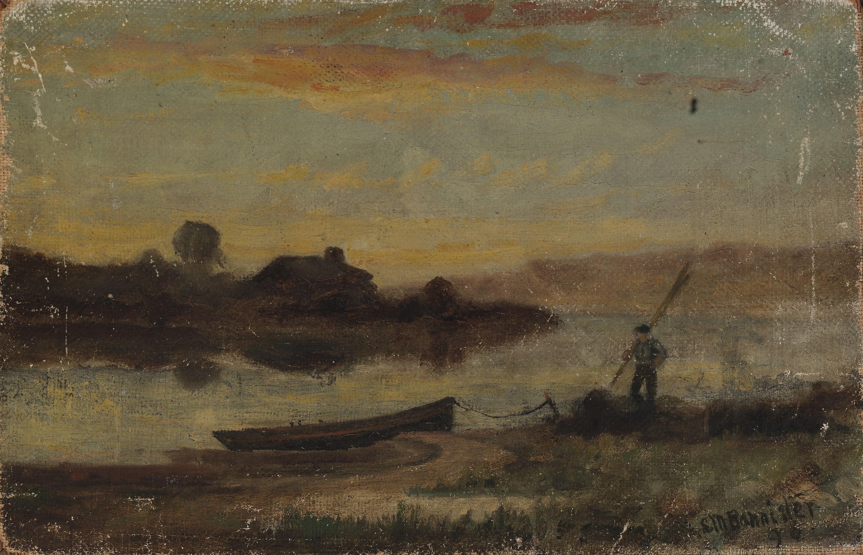 Edward Mitchell Bannister, Untitled (landscape, boat moored near bank with man walking)