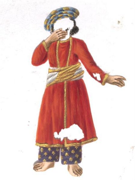 Unknown, A Box covered and lined with brocade containing a card painted with a face, and with a verandah covered with a striped rug; also twelve mica overlays depicting dancers and musicians.