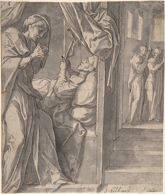 Jan van Scorel, The Death of Saint Hilary (recto); Sketch of an Arm (verso)