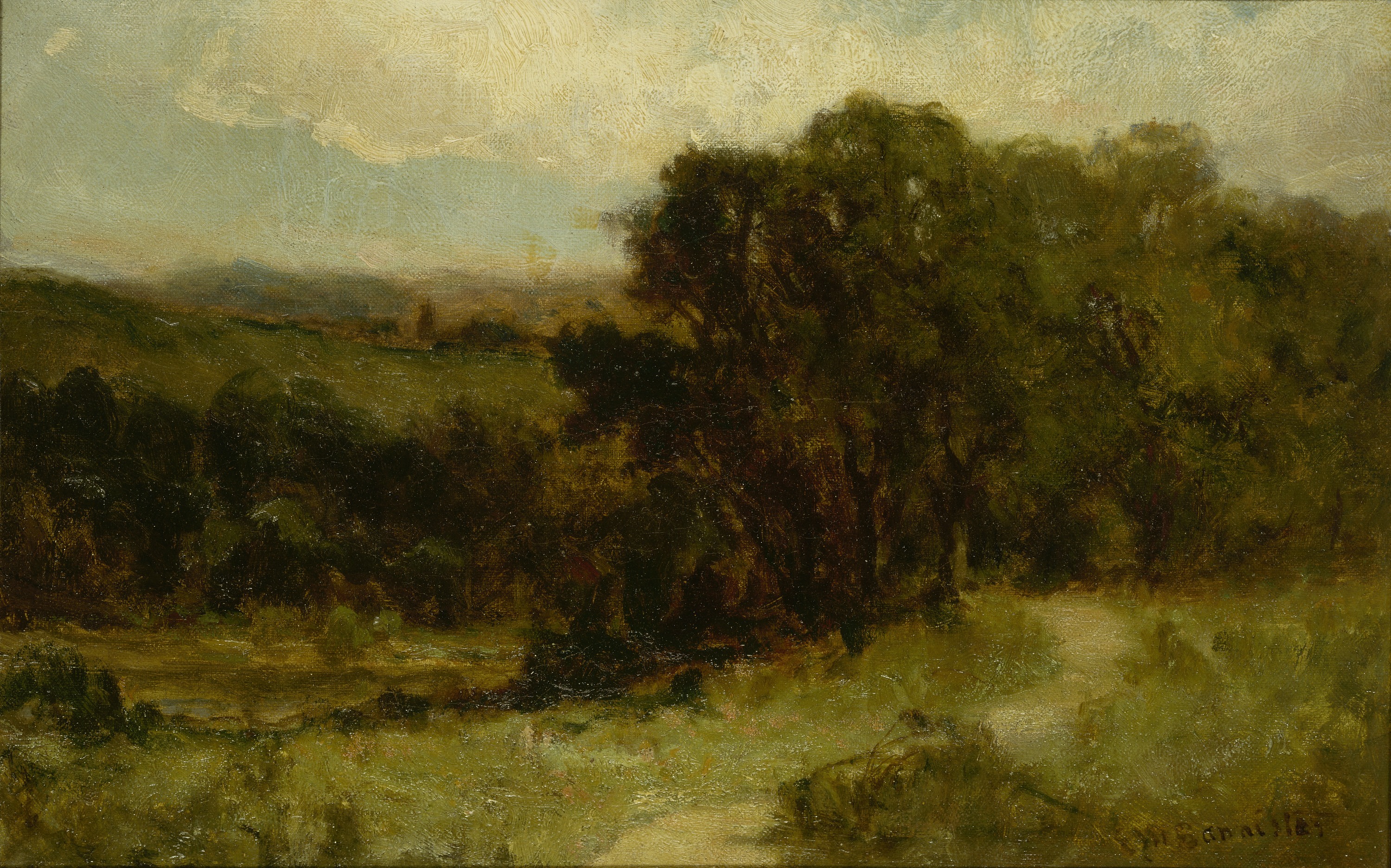 Edward Mitchell Bannister, Untitled (landscape with road near stream and trees)