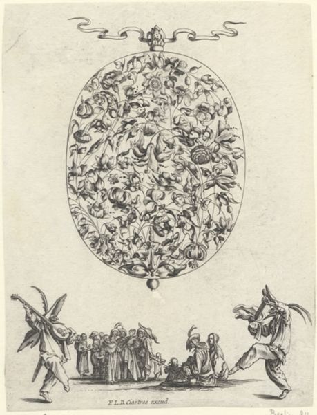 Moncornet, Balthasar, (approximately 1600-1668), (printmaker), Bouquets for gold- and silversmiths: Bouquet with flowers in a medallion above a group of figures