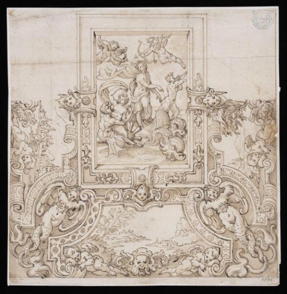 Unknown, Ceiling design with a panel in the middle containing a copy of Raphael's Galatea in the Villa Farnesina and round the edge cartouches containing landscapes and putti