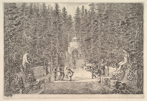 Stefano della Bella, An avenue lined with statues in a pine forest, from "Views of the villa at Pratolino" (Vues de la villa de Pratolino)