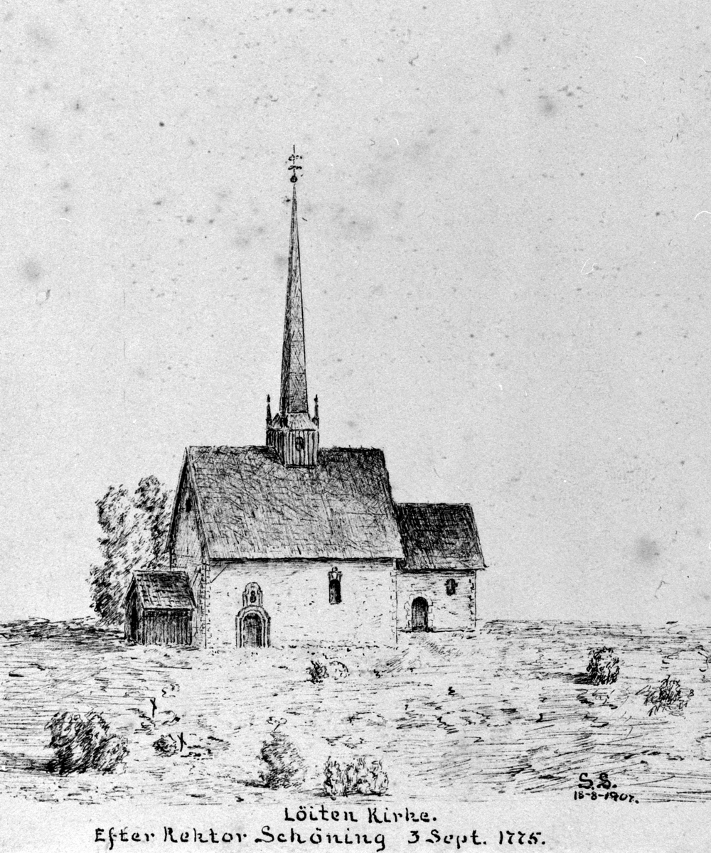 Anno Domkirkeodden, TEGNING AV LØTEN KIRKE, SIGNERT: S. SVENDSEN 18/8-1907