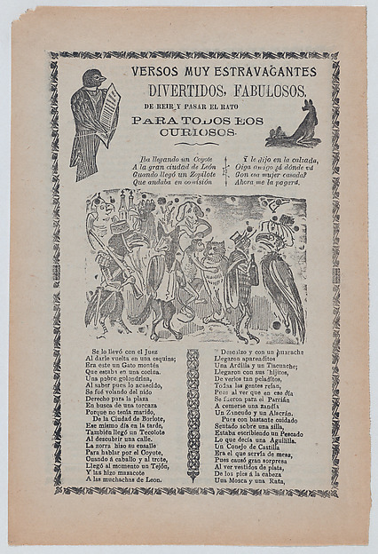 José Guadalupe Posada, Broadsheet with comic verses, a group of animals wearing human clothes and playing music