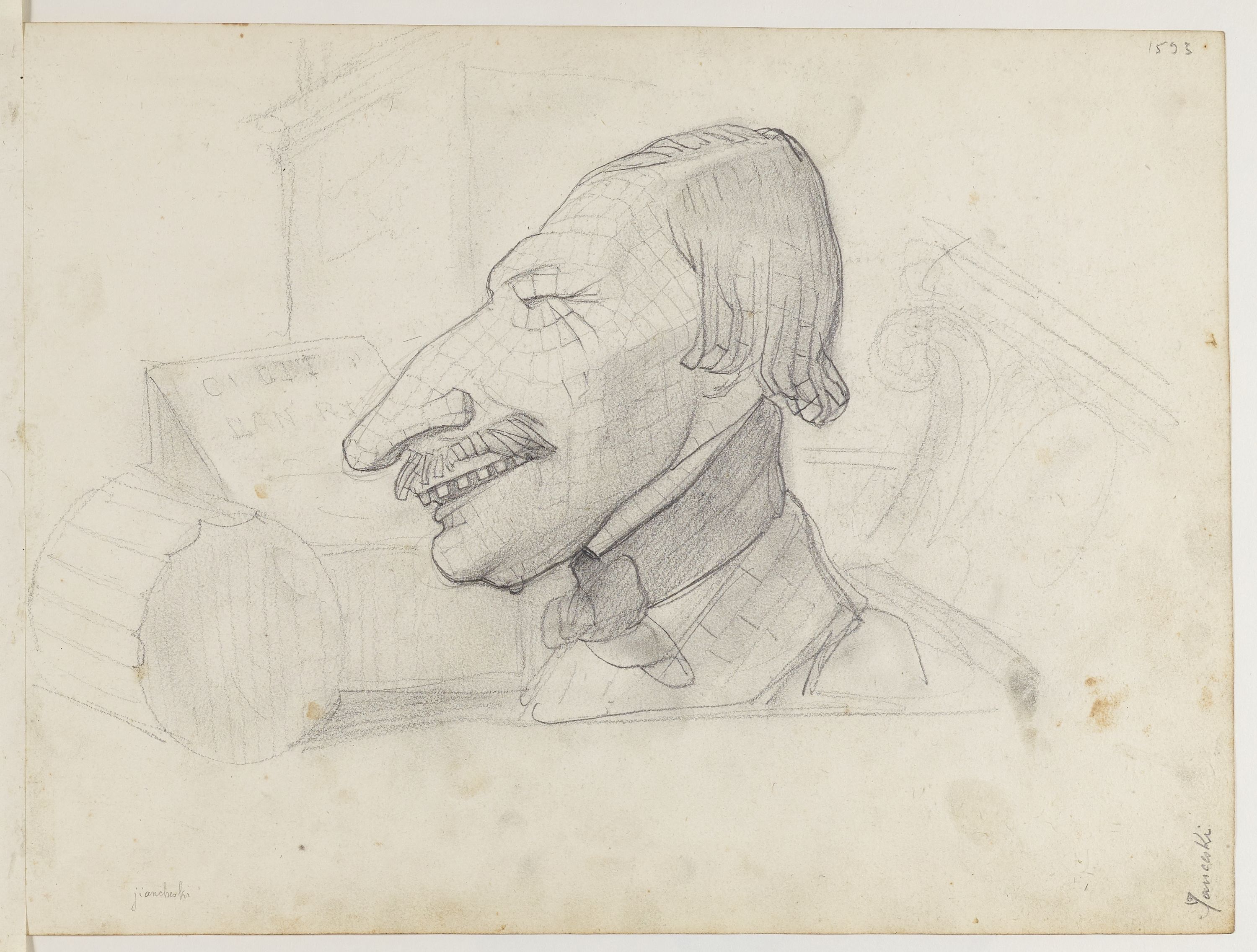Anonyme, Portrait-charge d'un homme de profil en brique (Jiandreski)