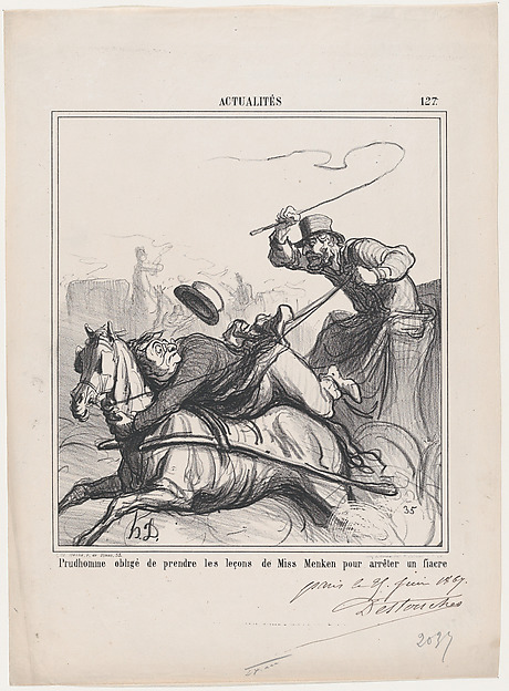 Honoré Daumier, Prudhomme obliged to take lessons from Miss Menken in order to stop a cab, from 'News of the day,' published in Le Charivari, July 1, 1867