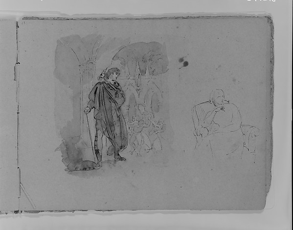 Thomas Sully, Man in Cape with Staff Watching Melee; Seated Woman (from Sketchbook)