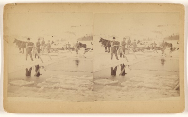 Unknown, [Men cutting ice blocks from frozen river]