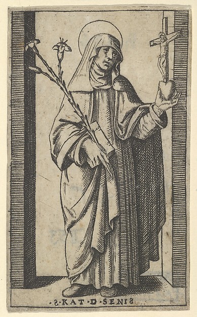 Marcantonio Raimondi, Saint Catherine of Siena standing holding flowers and book in her right hand, a heart and crucifix in her left, from "Piccoli Santi" (Small Saints)