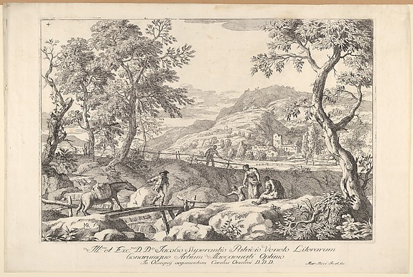 Marco Ricci, Plate 4: Landscape with man leading a pack horse across a wooden bridge, three figures in right foreground, the silhouette of a man standing at a fence beyond, from "Landscapes"