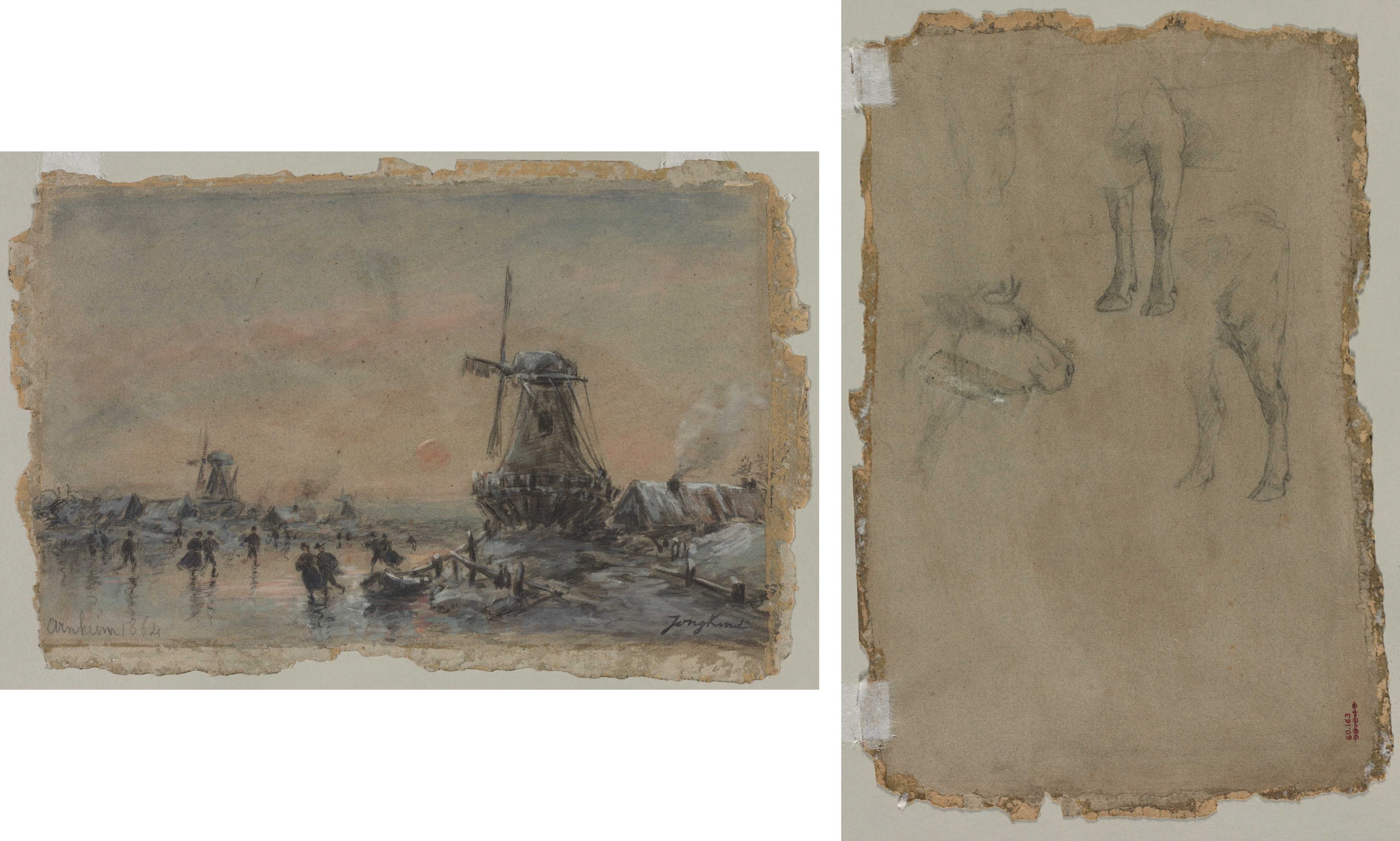 Johan Barthold Jongkind, View of Arnheim (recto); Studies of a Bull (verso)