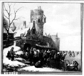 Nicolaes Molenaer, IJsgezicht met schaatsers bij een stadsmuur