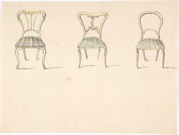 Anonymous, British, 19th century, Design for Three Chairs with Curved Backs (verso: Sketch for a Sideboard)
