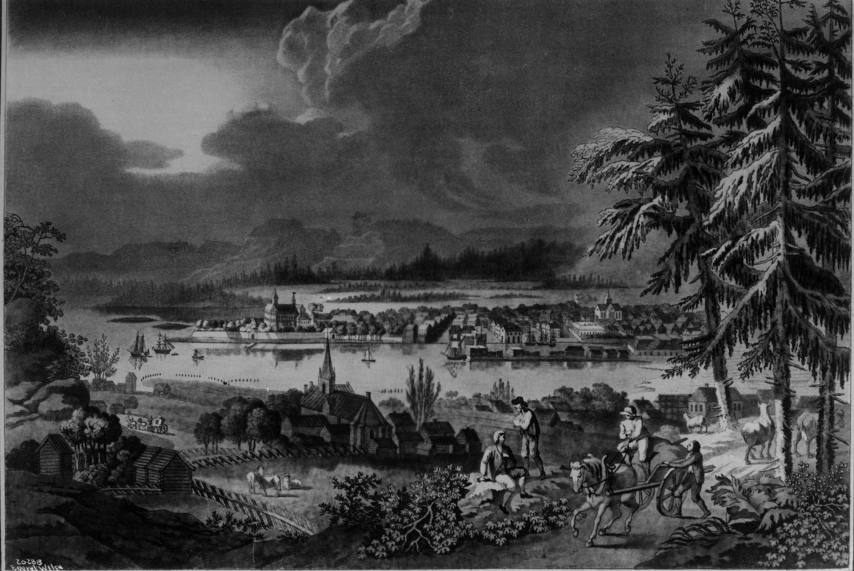 Anders Beer Wilse, Fotograf Wilses avfotografering av G.Haas litografi etter maleri av Lorentzen. Oversikt over Christiania med Oslofjorden og havnen.