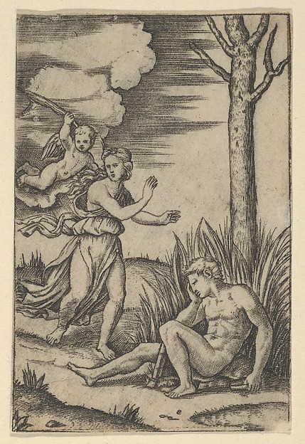 Marcantonio Raimondi, Diana followed by cupid at left, Endymion at right
