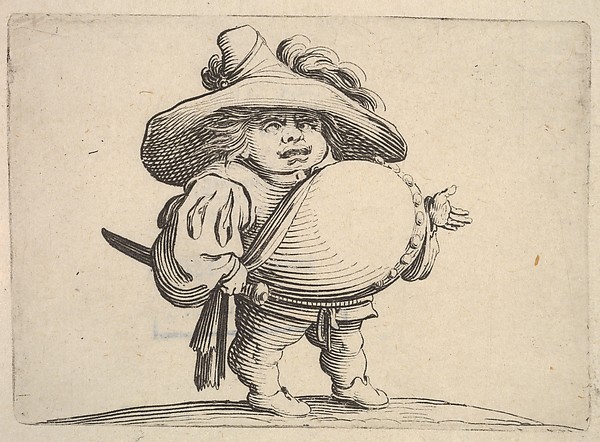 Jacques Callot, Small male figure in three-quarter view with outstreched left hand and right hand grasping sword at hip, from "Varie Figure Gobbi"