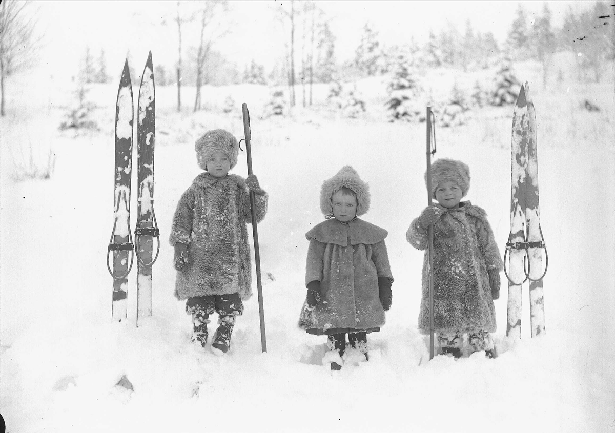 Axel Quinsgaard Wiborg, Tre brødre, Halvor Nicolai, Simon og Thor Q.Wiborg poserer i snøen med staver og ski. Digerud, Frogn, Akershus, 1908.