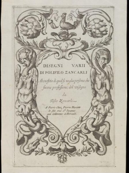 Unknown, Title-page from a suite of reverse copies after 10 Verticle Grotesques by Giancarli.