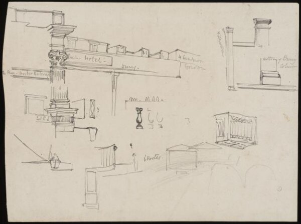 John Frederick Lewis, Sheet of roughly sketched architectural details, including columns and pilasters, relating to Covent Garden Market and surrounding buildings