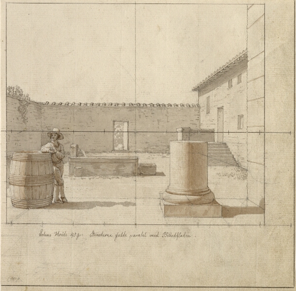 C.W. Eckersberg, Linearperspektiven, anvendt paa Malerkunsten - Udkast til ikke anvendt illustration - Sydlandsk gårdsplads med bonde, vintøn-de, og søjlefragment.
