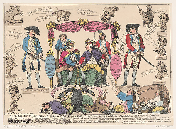 Thomas Rowlandson, Sketch of Politicks in Europe, Birthday of the King of Prussia