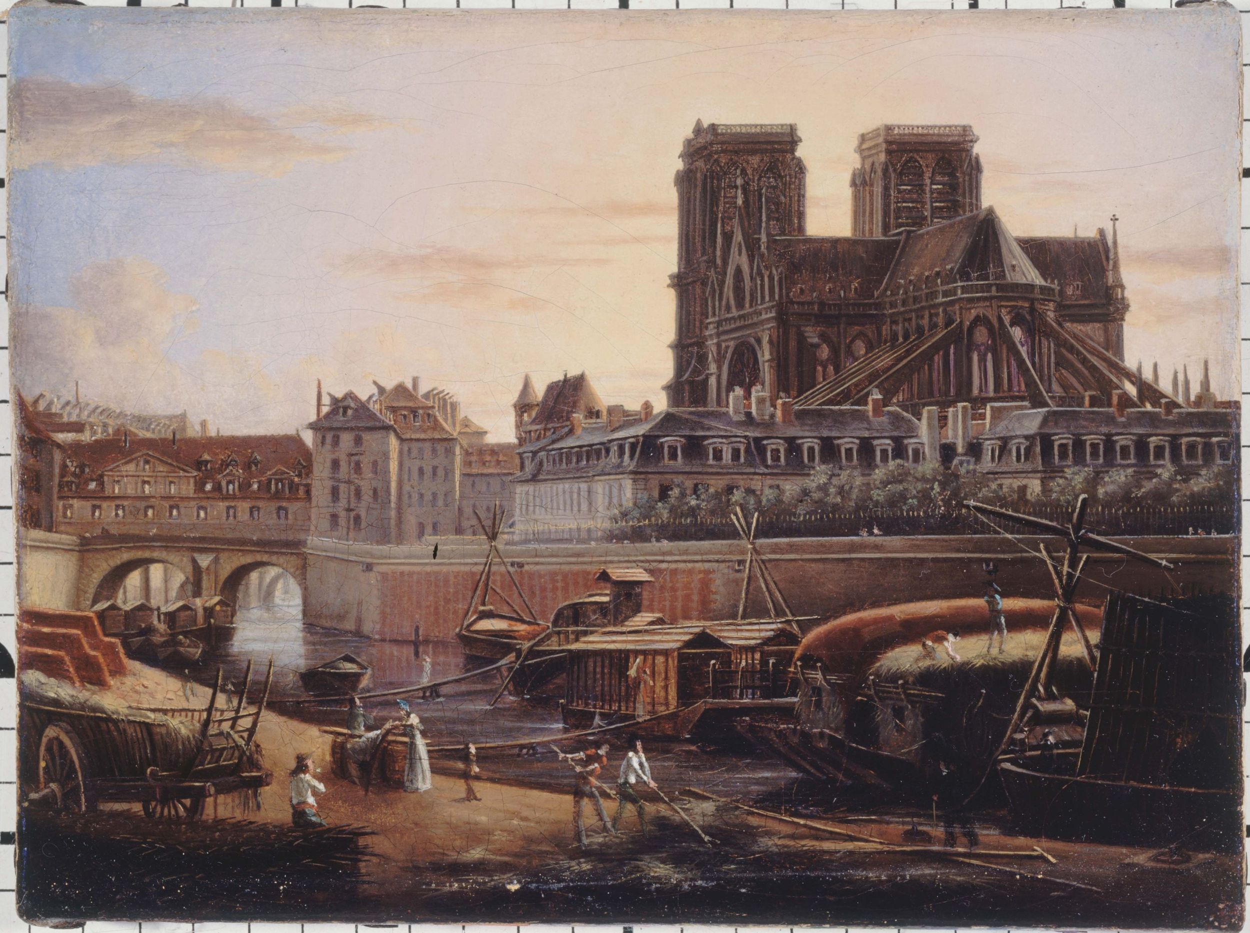 Anonyme, Le pont Saint-Charles, l'Hôtel-Dieu, l'Archevêché et Notre-Dame, vus du quai de la Tournelle, vers 1820