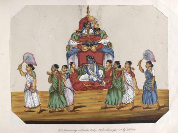 Unknown, One of sixteen mica paintings depicting Hindu deities and festival processions with decorated cars.