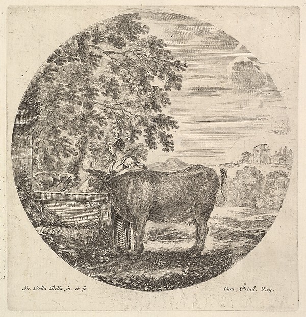 Stefano della Bella, A cow in center drinking from a fountain adorned with the Medici coat of arms at left, accompanied by a shepherd standing behind, from "Six Animal Subjects" (Six Sujets d'Animaux)