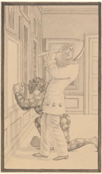 C.W. Eckersberg, Kunstkritik. Harlekin og Pierrot i et med malerier behængt værelse ifærd med at bedømme et billede.