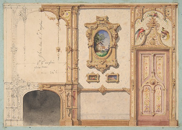 Jules-Edmond-Charles Lachaise, Design for the decoration of a wall punctuated by a fireplace and a door and hung with gold-framed pictures