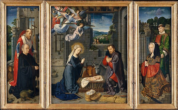 Gerard David, The Nativity with Donors and Saints Jerome and Leonard