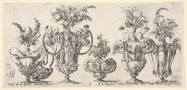Stefano della Bella, Six vases, and two sketches of vases on the extremities, plate 5 from "Collection of Various Vases" (Raccolta di Vasi Diversi)