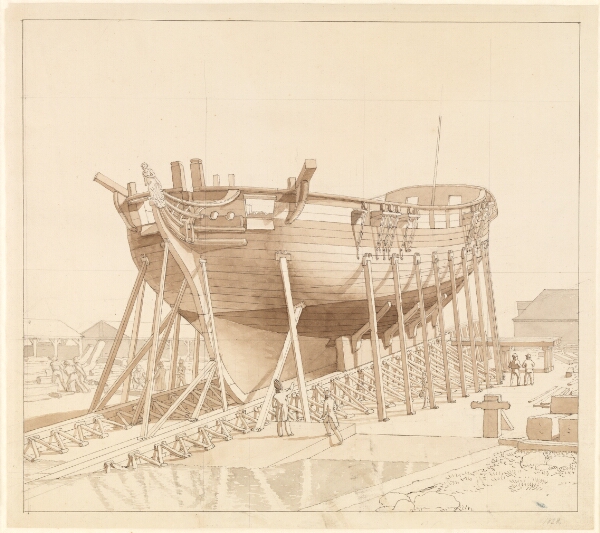 C.W. Eckersberg, En Korvet på stablen. Nyholm med spanteloftsbygningen i baggrunden.