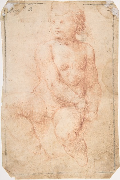 Anonymous, Study of a Seated Putto Looking at His Right (recto); A Woman's Head, Study after the Antique (verso)
