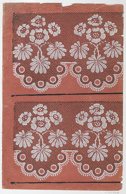 Anonymous, Red sheet with two borders with a white floral pattern atop a black lace pattern